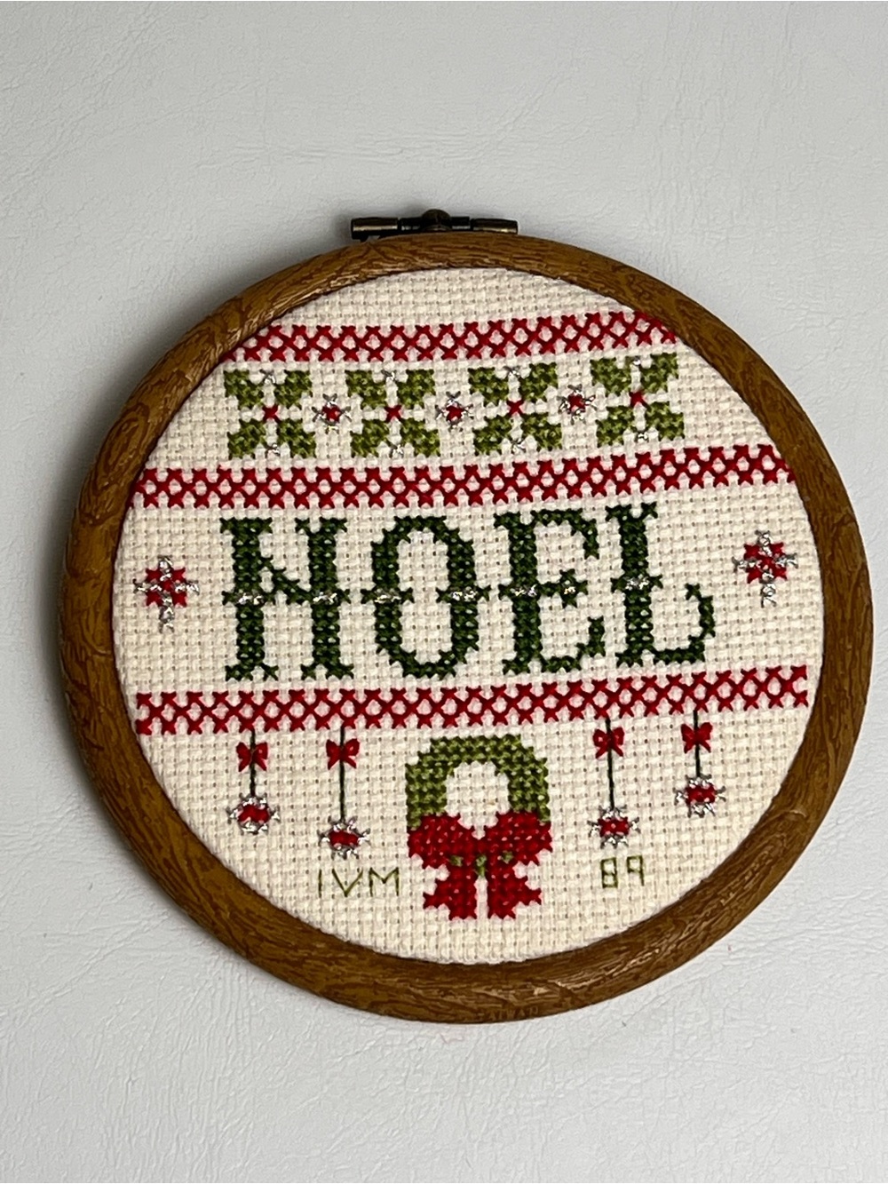 VTG Handcrafted Christmas Noel Cross Stitch Wall Decor Hoop